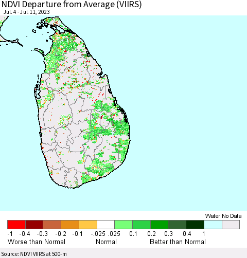 Sri Lanka NDVI Departure from Average (VIIRS) Thematic Map For 7/4/2023 - 7/11/2023