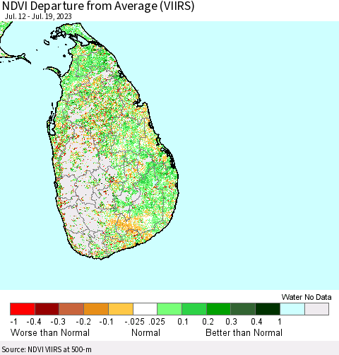 Sri Lanka NDVI Departure from Average (VIIRS) Thematic Map For 7/12/2023 - 7/19/2023