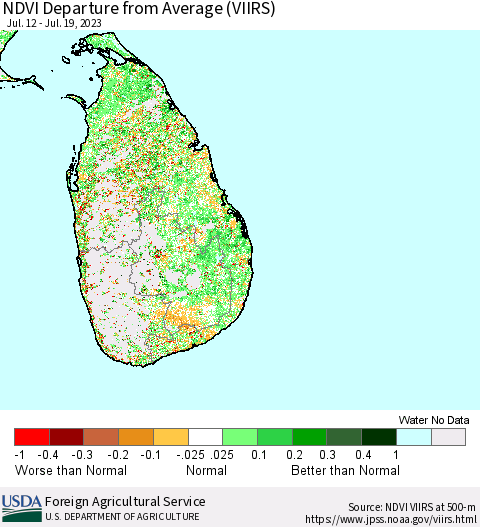 Sri Lanka NDVI Departure from Average (VIIRS) Thematic Map For 7/11/2023 - 7/20/2023