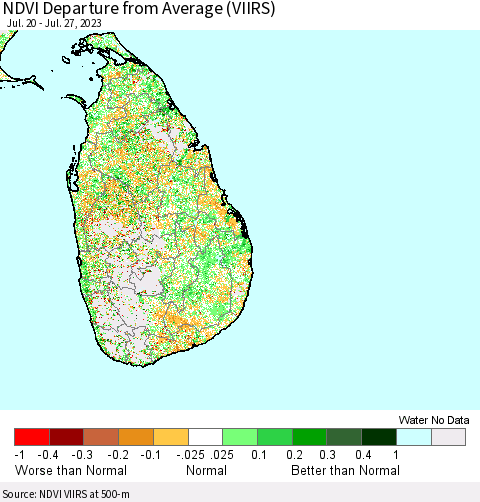 Sri Lanka NDVI Departure from Average (VIIRS) Thematic Map For 7/20/2023 - 7/27/2023