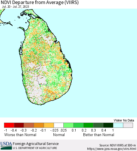 Sri Lanka NDVI Departure from Average (VIIRS) Thematic Map For 7/21/2023 - 7/31/2023