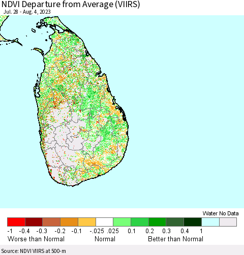 Sri Lanka NDVI Departure from Average (VIIRS) Thematic Map For 7/28/2023 - 8/4/2023