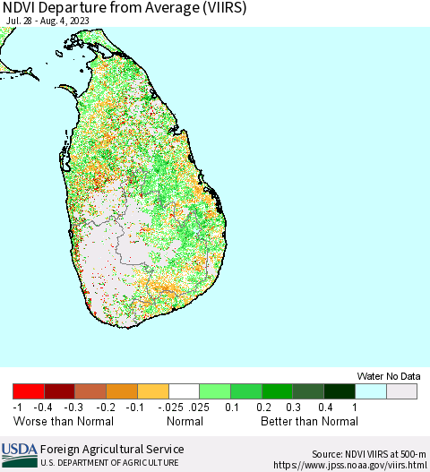 Sri Lanka NDVI Departure from Average (VIIRS) Thematic Map For 8/1/2023 - 8/10/2023