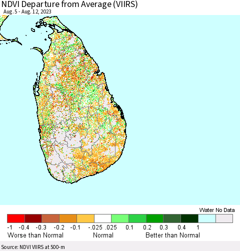 Sri Lanka NDVI Departure from Average (VIIRS) Thematic Map For 8/5/2023 - 8/12/2023