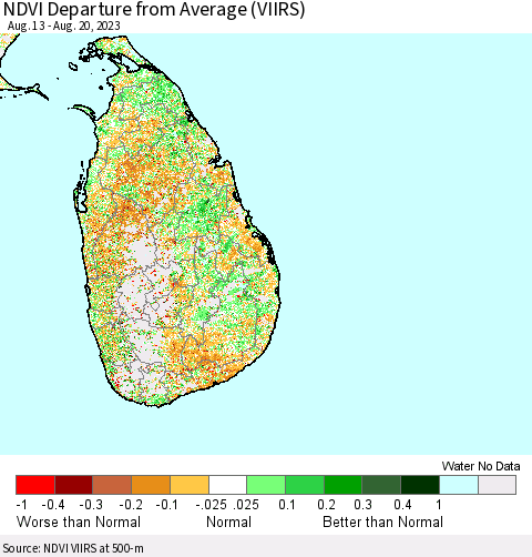 Sri Lanka NDVI Departure from Average (VIIRS) Thematic Map For 8/11/2023 - 8/20/2023