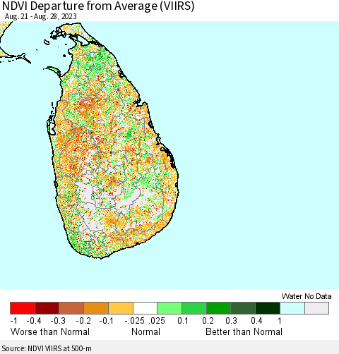 Sri Lanka NDVI Departure from Average (VIIRS) Thematic Map For 8/21/2023 - 8/28/2023