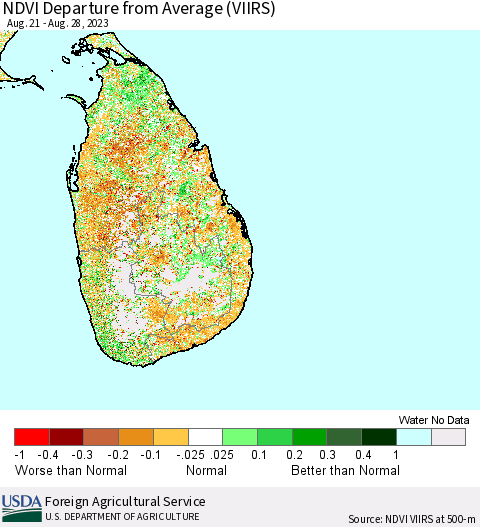 Sri Lanka NDVI Departure from Average (VIIRS) Thematic Map For 8/21/2023 - 8/31/2023