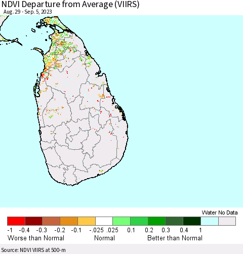 Sri Lanka NDVI Departure from Average (VIIRS) Thematic Map For 8/29/2023 - 9/5/2023
