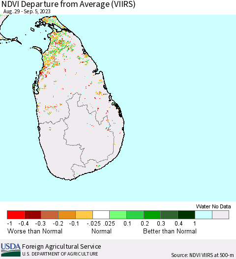 Sri Lanka NDVI Departure from Average (VIIRS) Thematic Map For 9/1/2023 - 9/10/2023