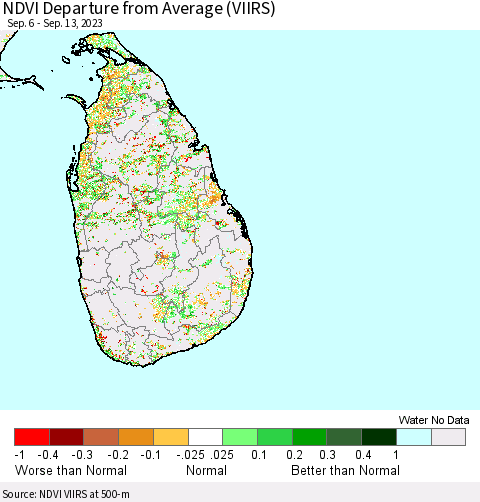 Sri Lanka NDVI Departure from Average (VIIRS) Thematic Map For 9/6/2023 - 9/13/2023