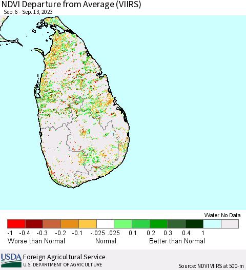 Sri Lanka NDVI Departure from Average (VIIRS) Thematic Map For 9/11/2023 - 9/20/2023