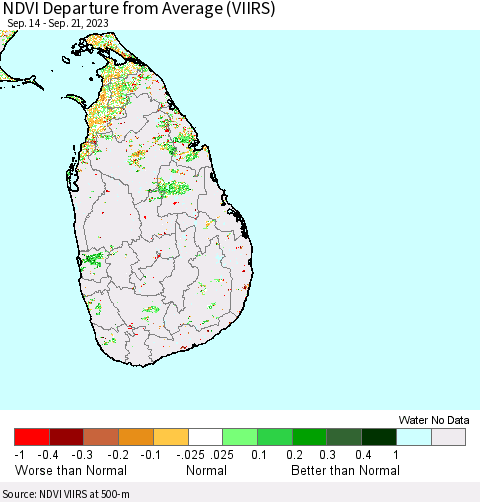 Sri Lanka NDVI Departure from Average (VIIRS) Thematic Map For 9/14/2023 - 9/21/2023