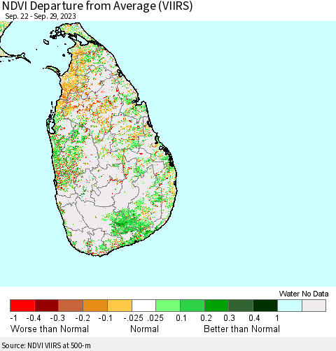 Sri Lanka NDVI Departure from Average (VIIRS) Thematic Map For 9/22/2023 - 9/29/2023