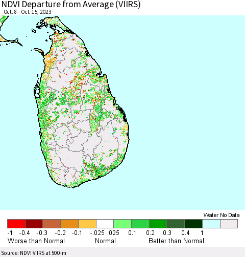 Sri Lanka NDVI Departure from Average (VIIRS) Thematic Map For 10/8/2023 - 10/15/2023