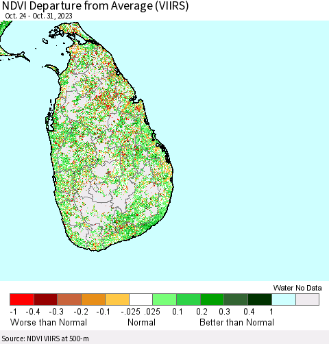 Sri Lanka NDVI Departure from Average (VIIRS) Thematic Map For 10/24/2023 - 10/31/2023
