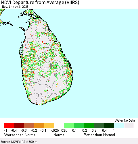 Sri Lanka NDVI Departure from Average (VIIRS) Thematic Map For 11/1/2023 - 11/8/2023