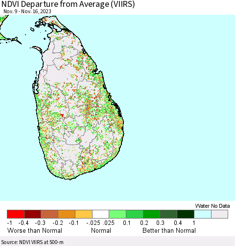 Sri Lanka NDVI Departure from Average (VIIRS) Thematic Map For 11/9/2023 - 11/16/2023