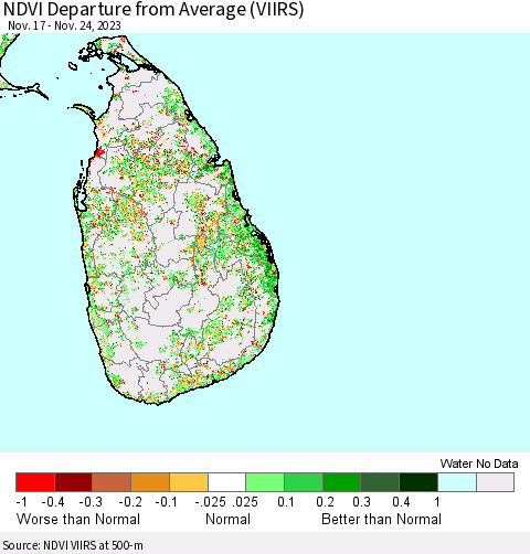 Sri Lanka NDVI Departure from Average (VIIRS) Thematic Map For 11/17/2023 - 11/24/2023