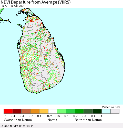 Sri Lanka NDVI Departure from Average (VIIRS) Thematic Map For 1/1/2024 - 1/8/2024