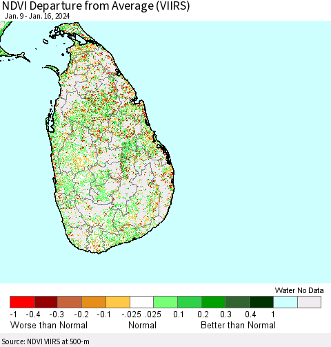 Sri Lanka NDVI Departure from Average (VIIRS) Thematic Map For 1/9/2024 - 1/16/2024