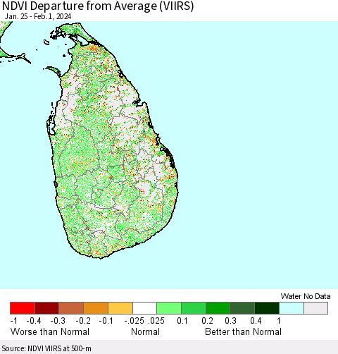Sri Lanka NDVI Departure from Average (VIIRS) Thematic Map For 1/25/2024 - 2/1/2024