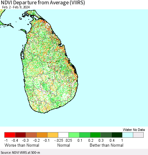 Sri Lanka NDVI Departure from Average (VIIRS) Thematic Map For 2/2/2024 - 2/9/2024
