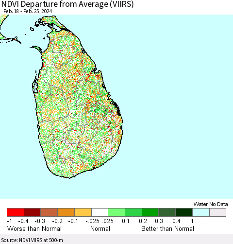 Sri Lanka NDVI Departure from Average (VIIRS) Thematic Map For 2/18/2024 - 2/25/2024