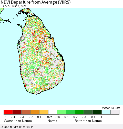 Sri Lanka NDVI Departure from Average (VIIRS) Thematic Map For 2/26/2024 - 3/4/2024