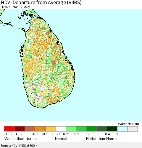 Sri Lanka NDVI Departure from Average (VIIRS) Thematic Map For 3/5/2024 - 3/12/2024
