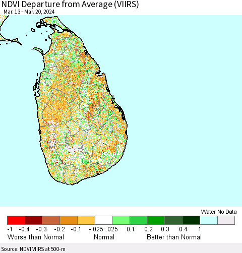 Sri Lanka NDVI Departure from Average (VIIRS) Thematic Map For 3/13/2024 - 3/20/2024