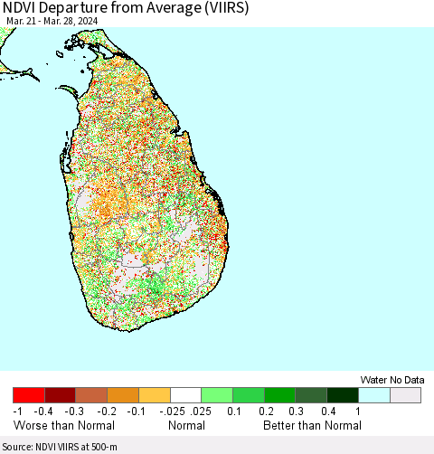 Sri Lanka NDVI Departure from Average (VIIRS) Thematic Map For 3/21/2024 - 3/28/2024