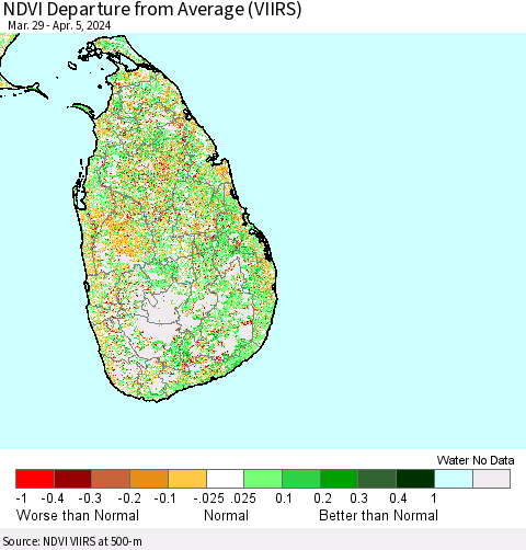 Sri Lanka NDVI Departure from Average (VIIRS) Thematic Map For 3/29/2024 - 4/5/2024