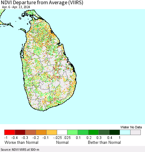 Sri Lanka NDVI Departure from Average (VIIRS) Thematic Map For 4/6/2024 - 4/13/2024