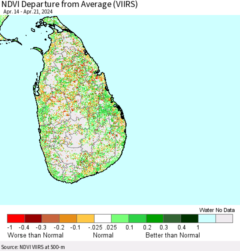 Sri Lanka NDVI Departure from Average (VIIRS) Thematic Map For 4/14/2024 - 4/21/2024