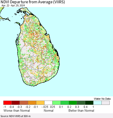 Sri Lanka NDVI Departure from Average (VIIRS) Thematic Map For 4/22/2024 - 4/29/2024