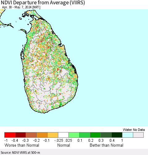 Sri Lanka NDVI Departure from Average (VIIRS) Thematic Map For 4/30/2024 - 5/7/2024