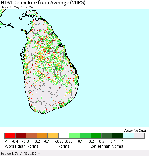 Sri Lanka NDVI Departure from Average (VIIRS) Thematic Map For 5/8/2024 - 5/15/2024