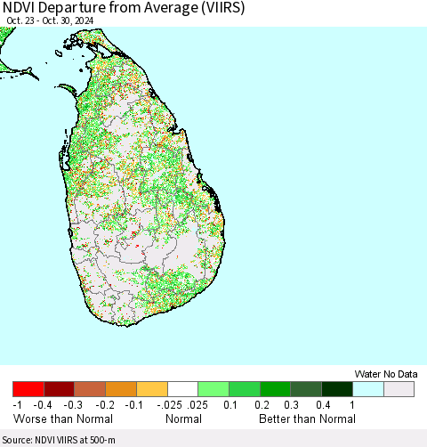 Sri Lanka NDVI Departure from Average (VIIRS) Thematic Map For 10/23/2024 - 10/30/2024