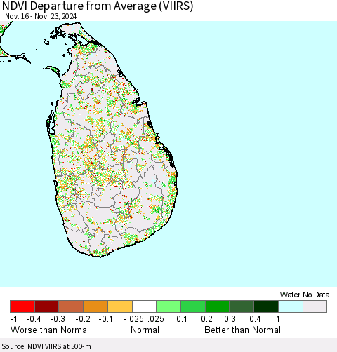 Sri Lanka NDVI Departure from Average (VIIRS) Thematic Map For 11/16/2024 - 11/23/2024
