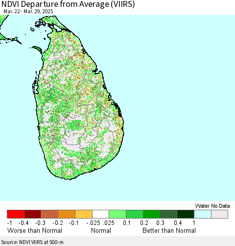 Sri Lanka NDVI Departure from Average (VIIRS) Thematic Map For 3/22/2025 - 3/29/2025