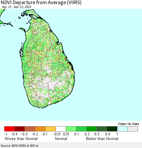 Sri Lanka NDVI Departure from Average (VIIRS) Thematic Map For 4/15/2025 - 4/22/2025