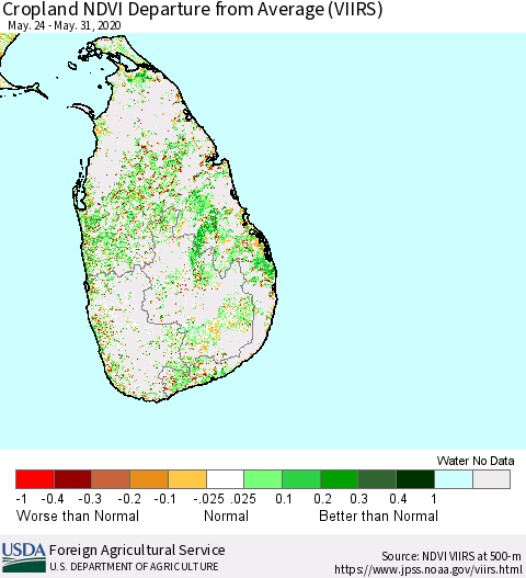 Sri Lanka Cropland NDVI Departure from Average (VIIRS) Thematic Map For 5/21/2020 - 5/31/2020