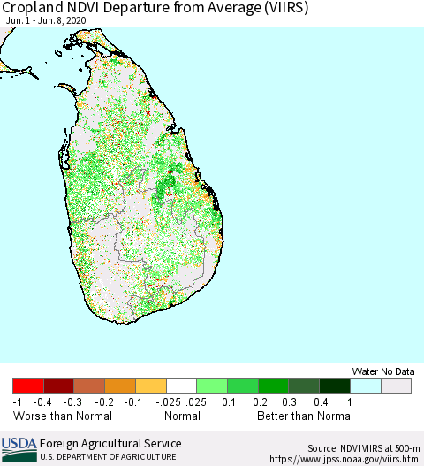 Sri Lanka Cropland NDVI Departure from Average (VIIRS) Thematic Map For 6/1/2020 - 6/10/2020
