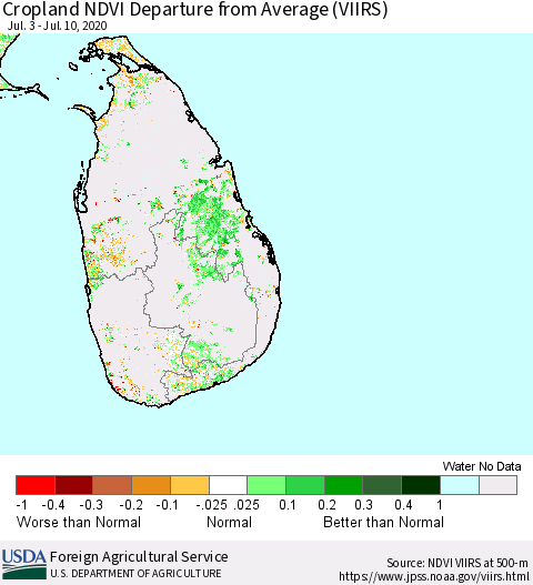 Sri Lanka Cropland NDVI Departure from Average (VIIRS) Thematic Map For 7/1/2020 - 7/10/2020