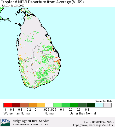 Sri Lanka Cropland NDVI Departure from Average (VIIRS) Thematic Map For 7/11/2020 - 7/20/2020