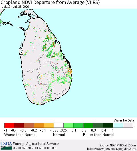 Sri Lanka Cropland NDVI Departure from Average (VIIRS) Thematic Map For 7/21/2020 - 7/31/2020