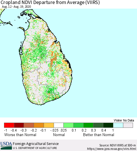Sri Lanka Cropland NDVI Departure from Average (VIIRS) Thematic Map For 8/11/2020 - 8/20/2020
