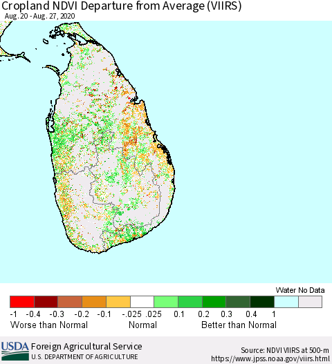 Sri Lanka Cropland NDVI Departure from Average (VIIRS) Thematic Map For 8/21/2020 - 8/31/2020