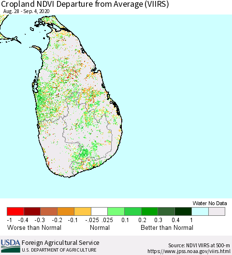Sri Lanka Cropland NDVI Departure from Average (VIIRS) Thematic Map For 9/1/2020 - 9/10/2020