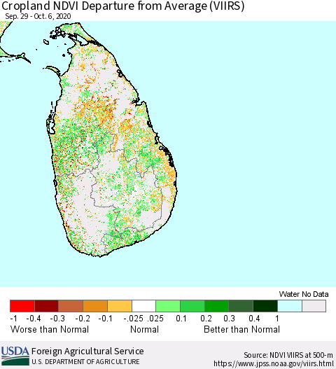 Sri Lanka Cropland NDVI Departure from Average (VIIRS) Thematic Map For 10/1/2020 - 10/10/2020